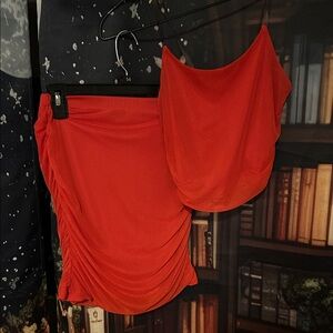 Women's Red Ruched Mini Skirt and Too Set - Gathered Design